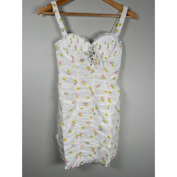 For Love & Lemons CELIA SHIRRED FLORAL EMBROIDERED LACE OPEN-BACK MINI DRESS XS - Picture 2 of 10